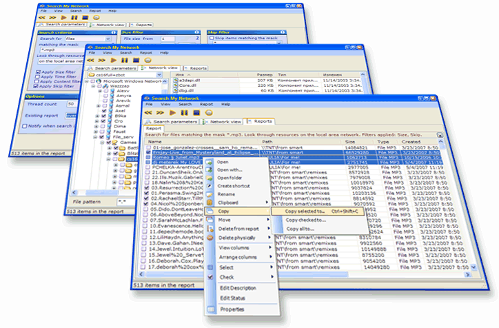 File search software for LAN and desktop computer with built-in file manager